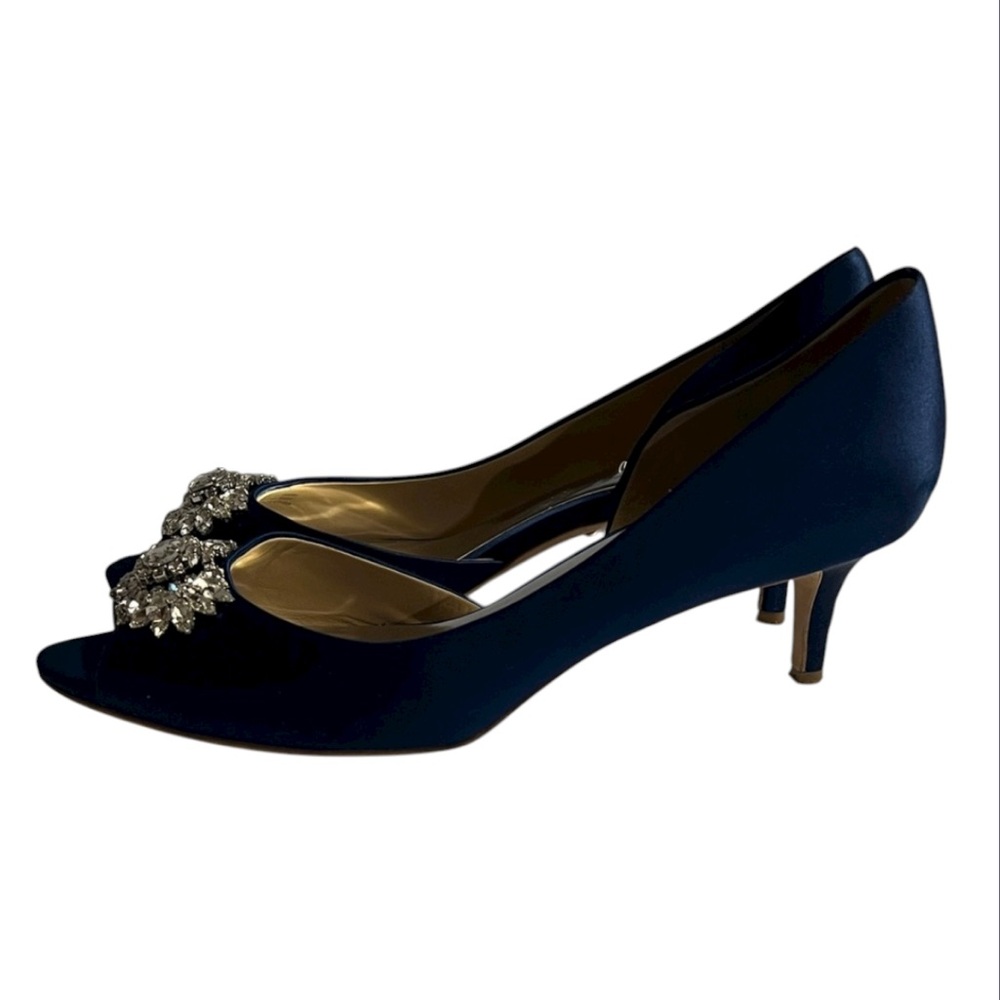 Badgley Mischka MACIE Navy Satin Heels Crystal Embellishments Peep Toe 10W EUC - Picture 2 of 10